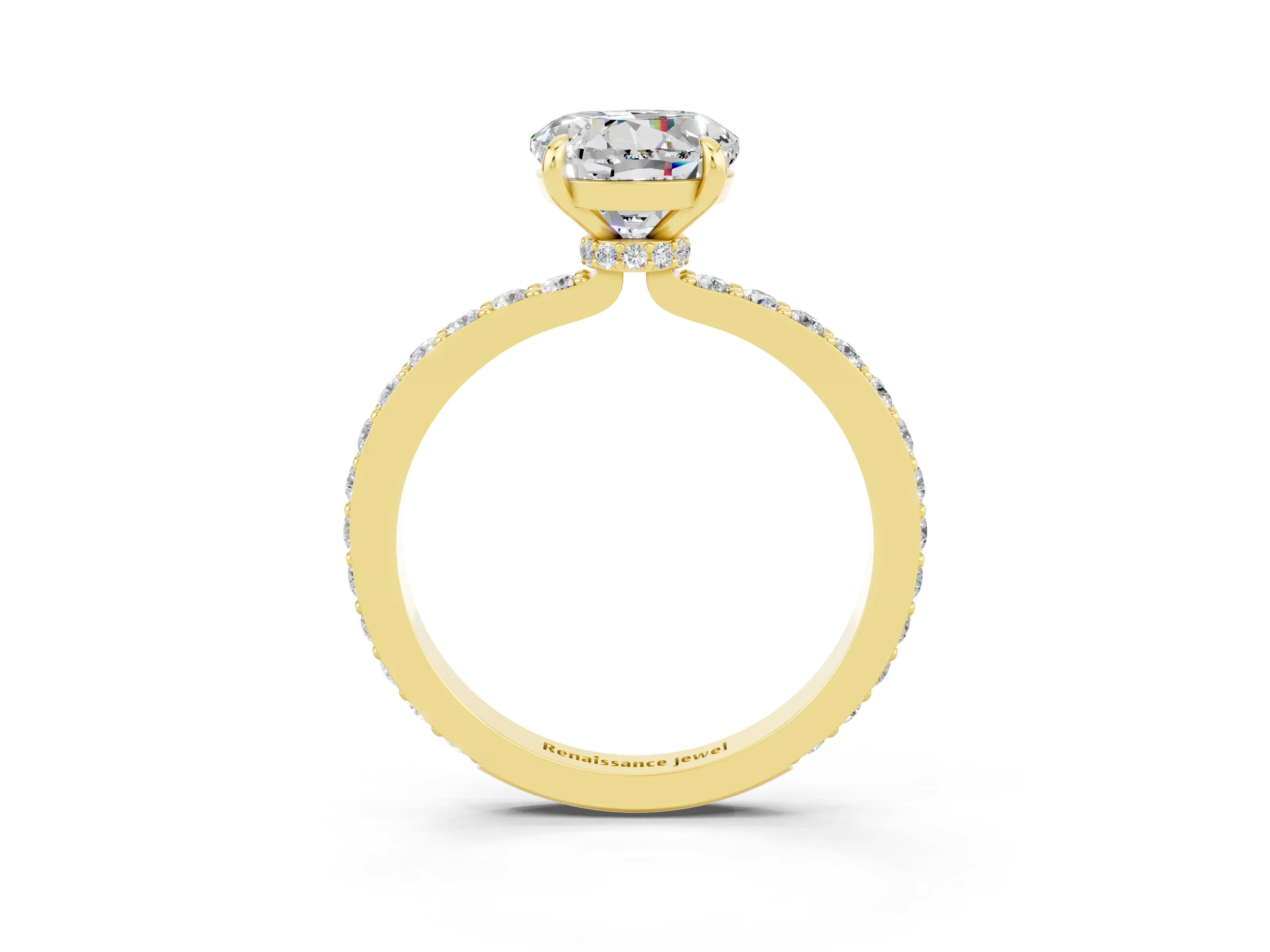 Yellow gold Round Cut Moissanite Solitaire Engagement Ring with Pavé Band and Four-Prong Setting_3