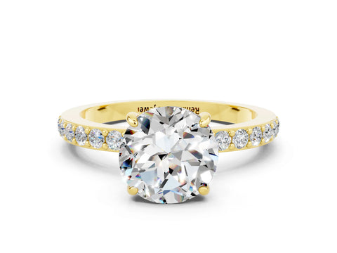 Yellow gold Round Cut Moissanite Solitaire Engagement Ring with Pavé Band and Four-Prong Setting