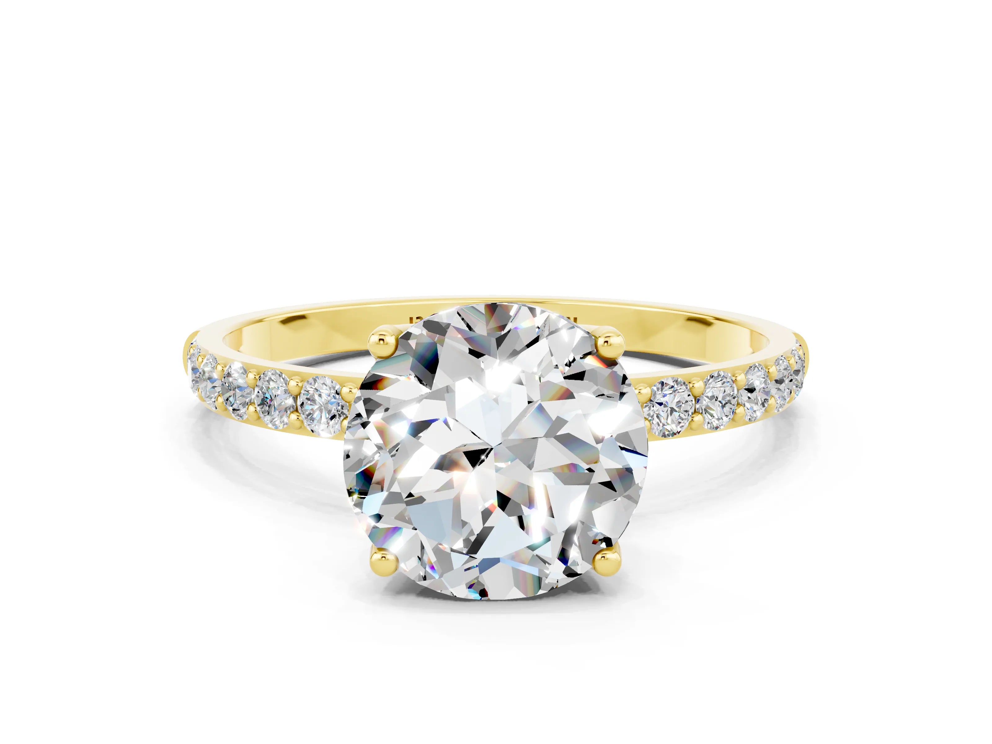 Yellow gold Round Cut Moissanite Solitaire Engagement Ring with Pavé Band and Prong Setting