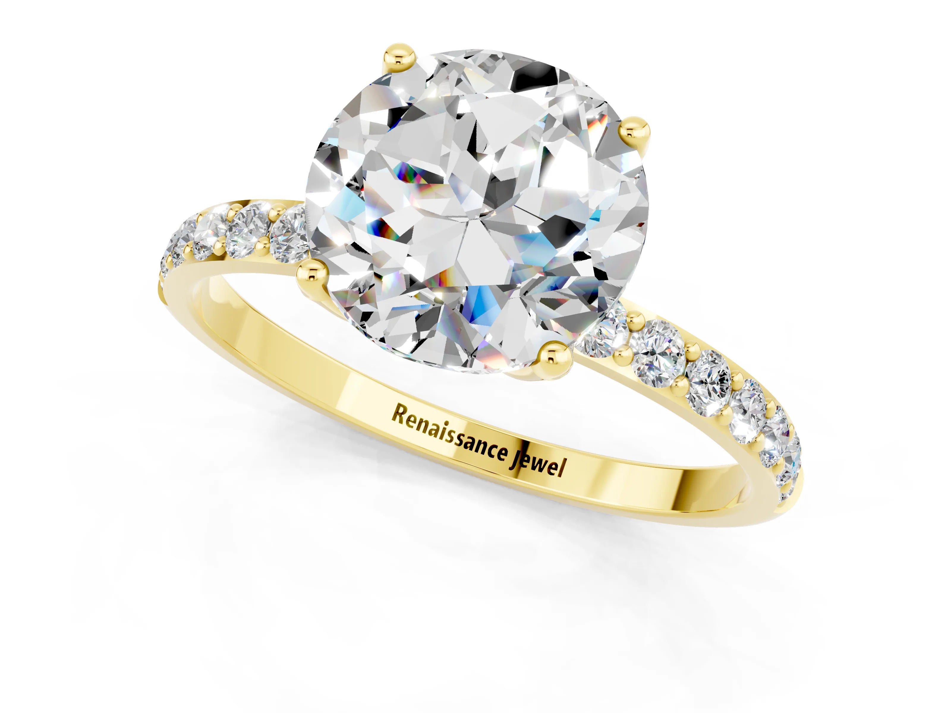 Yellow gold Round Cut Moissanite Solitaire Engagement Ring with Pavé Band and Prong Setting_1