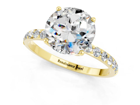 Yellow gold Round Cut Moissanite Solitaire Engagement Ring with Pavé Band and Prong Setting_1