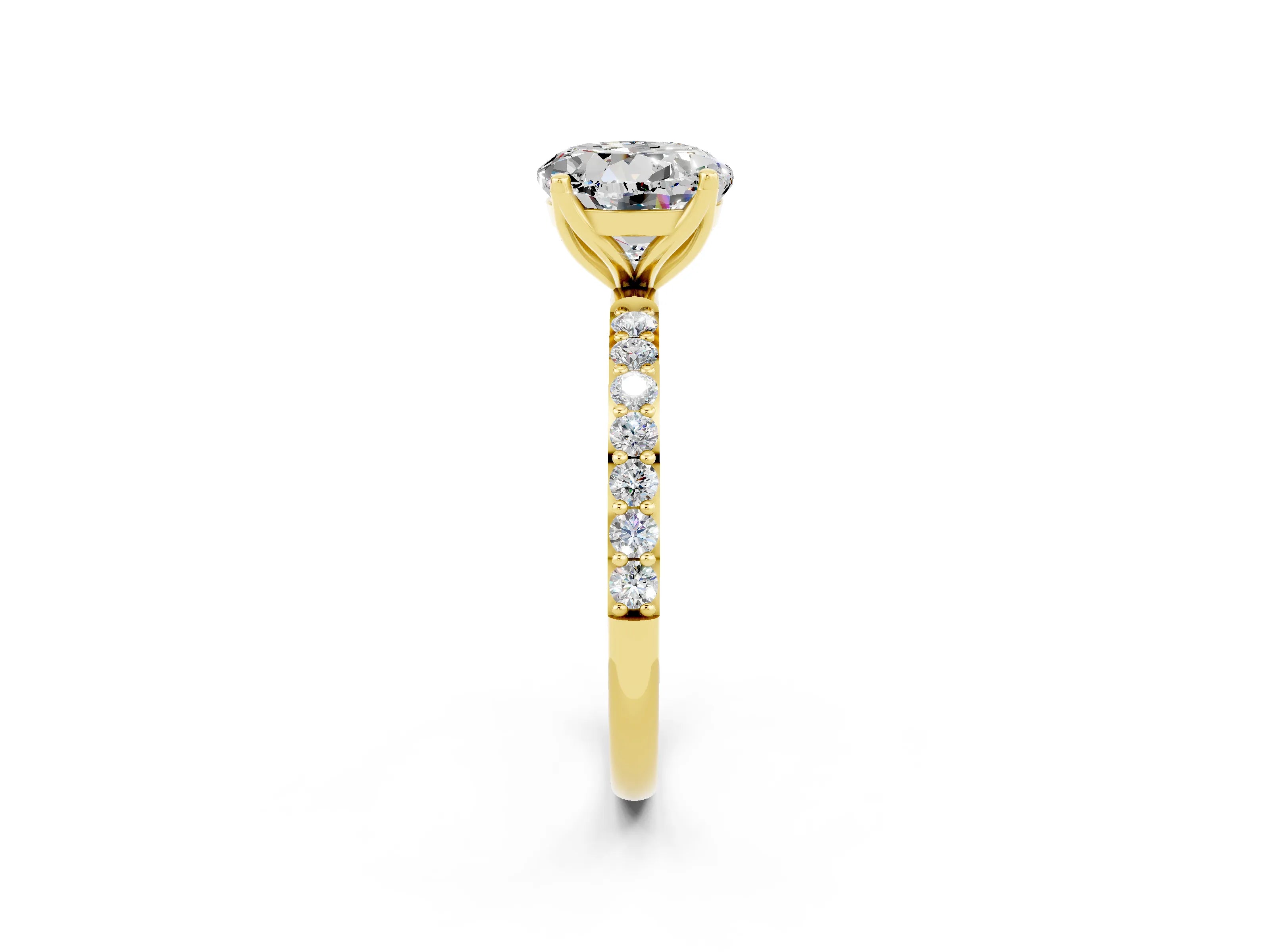 Yellow gold Round Cut Moissanite Solitaire Engagement Ring with Pavé Band and Prong Setting_2