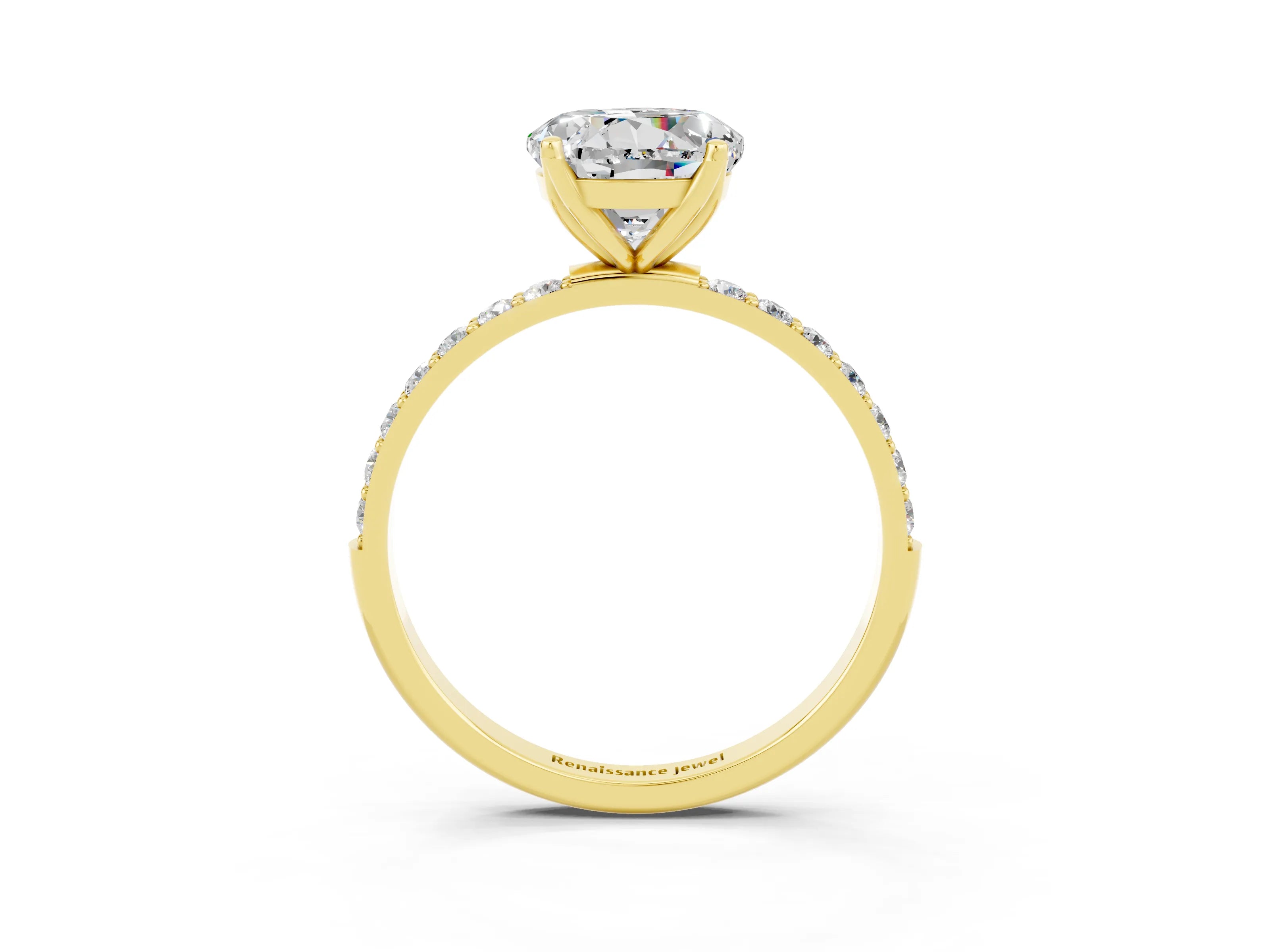 Yellow gold Round Cut Moissanite Solitaire Engagement Ring with Pavé Band and Prong Setting_3