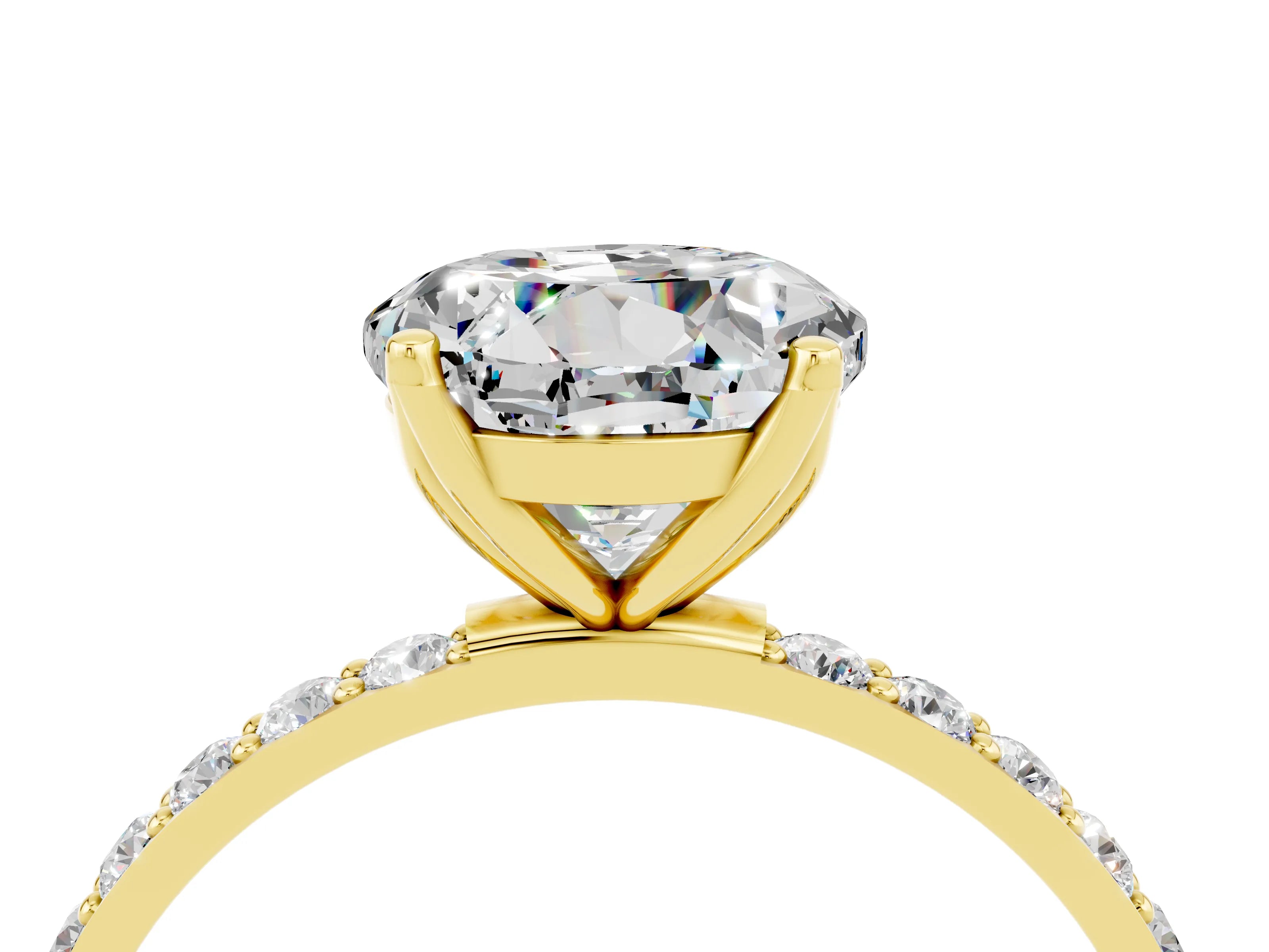 Yellow gold Round Cut Moissanite Solitaire Engagement Ring with Pavé Band and Prong Setting_4
