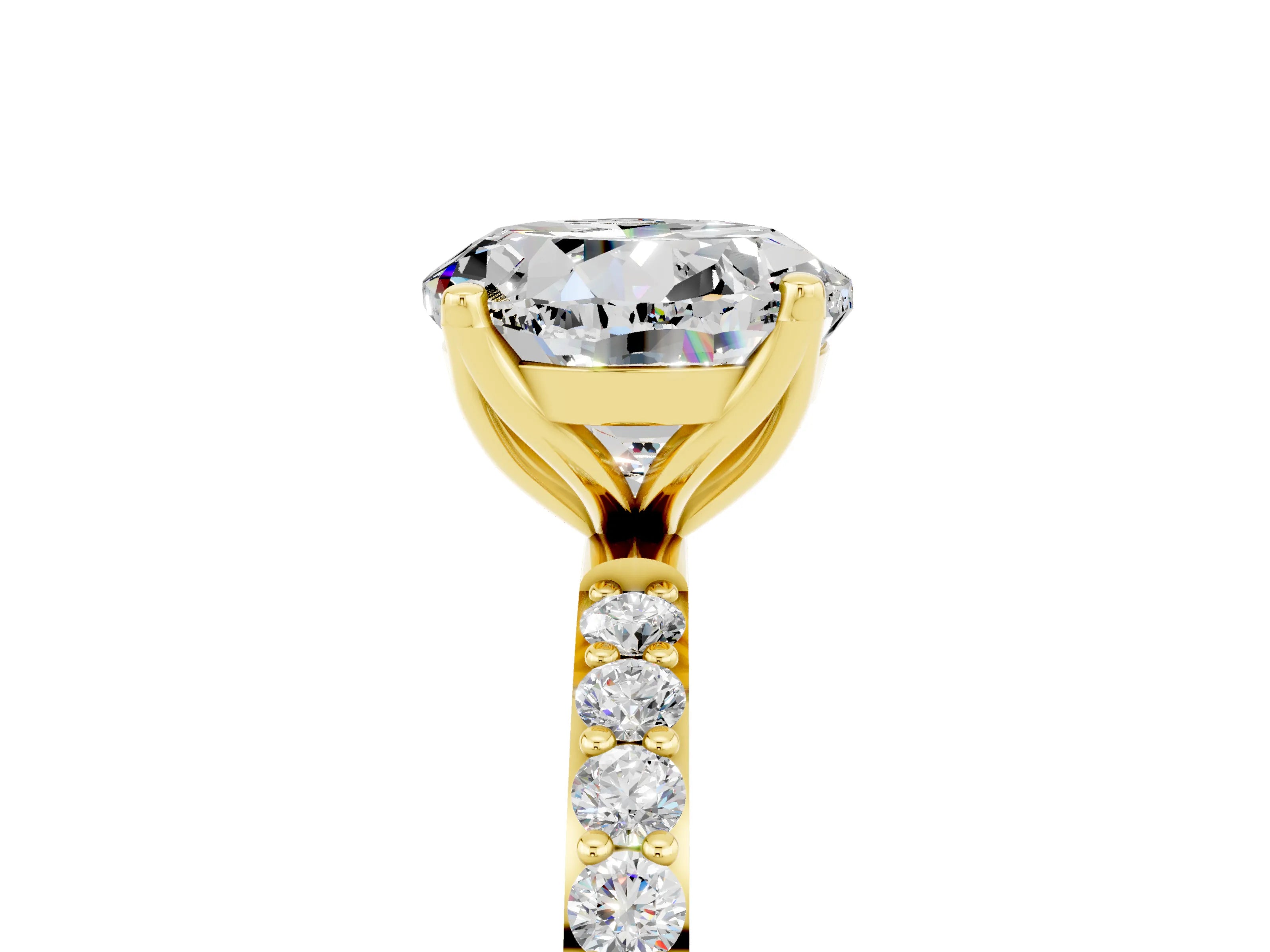 Yellow gold Round Cut Moissanite Solitaire Engagement Ring with Pavé Band and Prong Setting_5