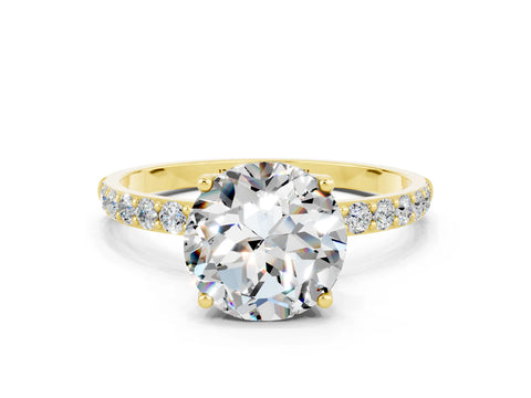 Yellow gold Round Cut Moissanite Solitaire Engagement Ring with Pavé Band and Prong Setting