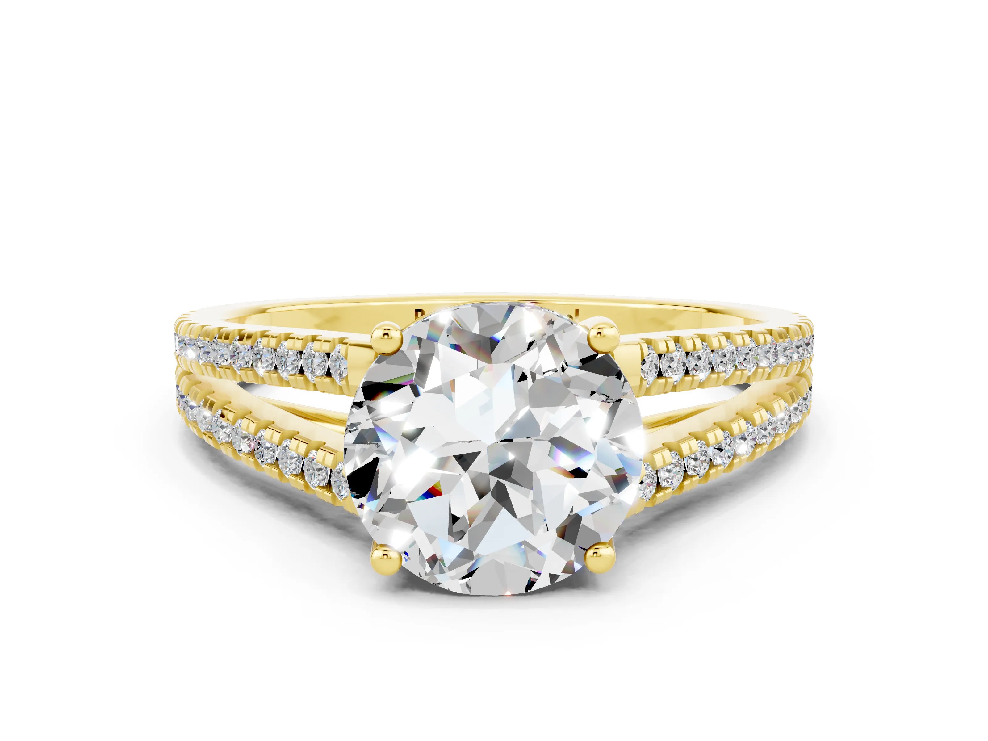 Yellow gold Round Cut Moissanite Solitaire Engagement Ring with Split Shank Pavé Band