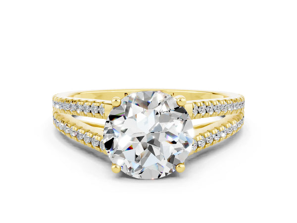 Yellow gold Round Cut Moissanite Solitaire Engagement Ring with Split Shank Pavé Band