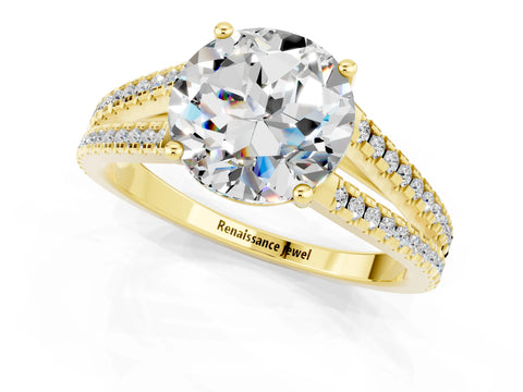 Yellow gold Round Cut Moissanite Solitaire Engagement Ring with Split Shank Pavé Band_1