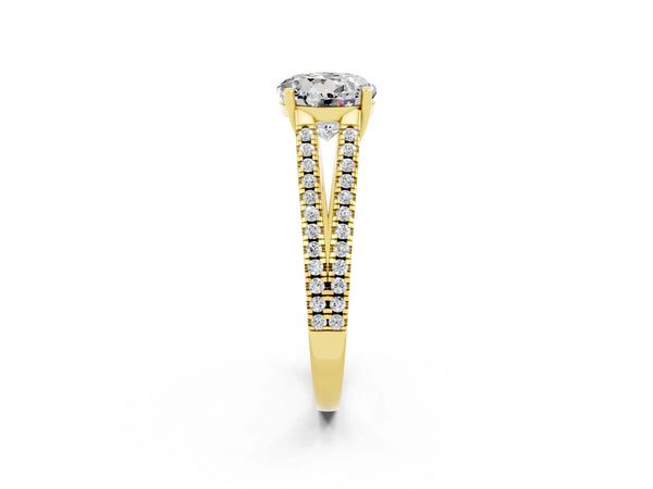 Yellow gold Round Cut Moissanite Solitaire Engagement Ring with Split Shank Pavé Band