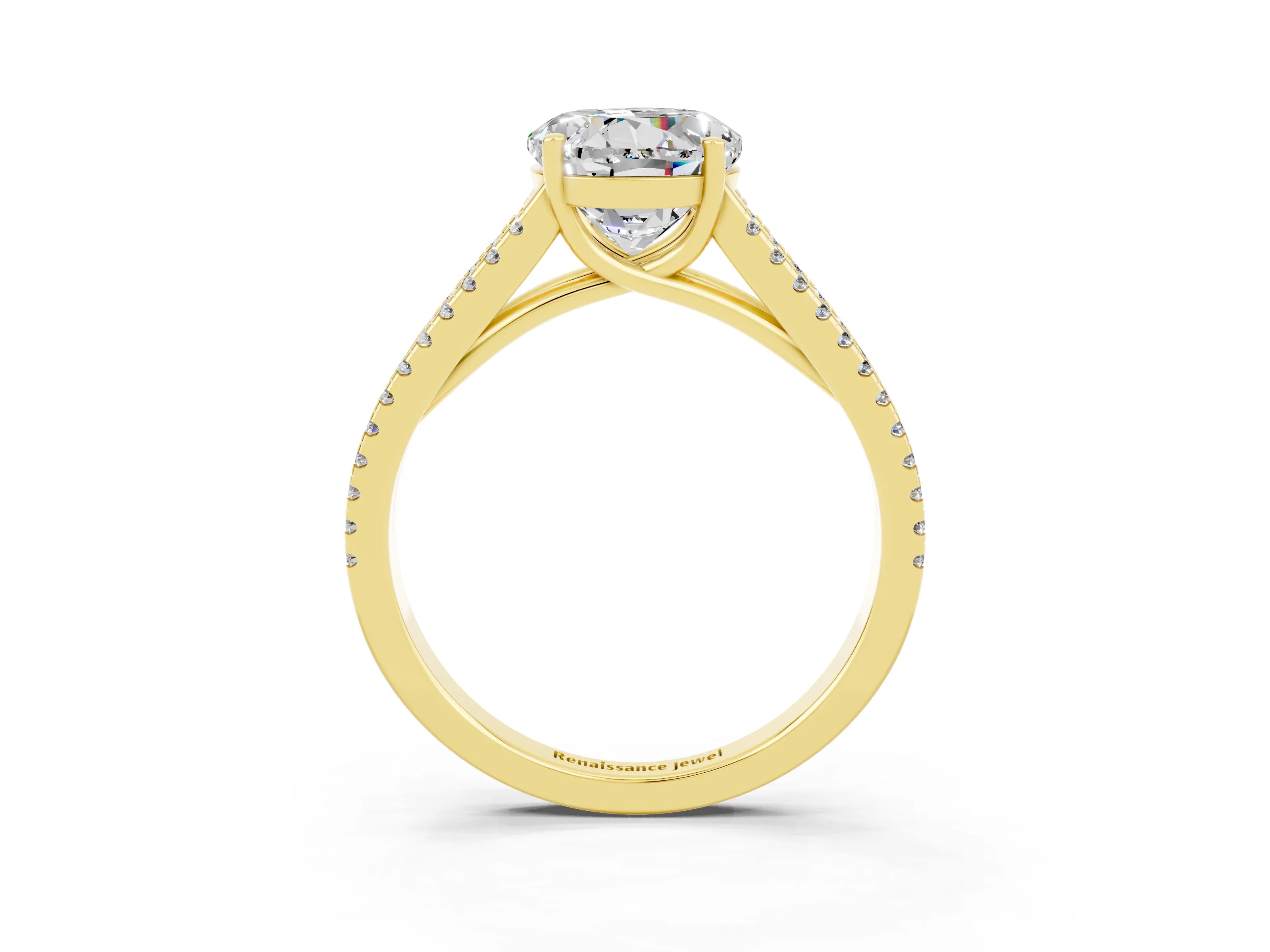 Yellow gold Round Cut Moissanite Solitaire Engagement Ring with Split Shank Pavé Band_3