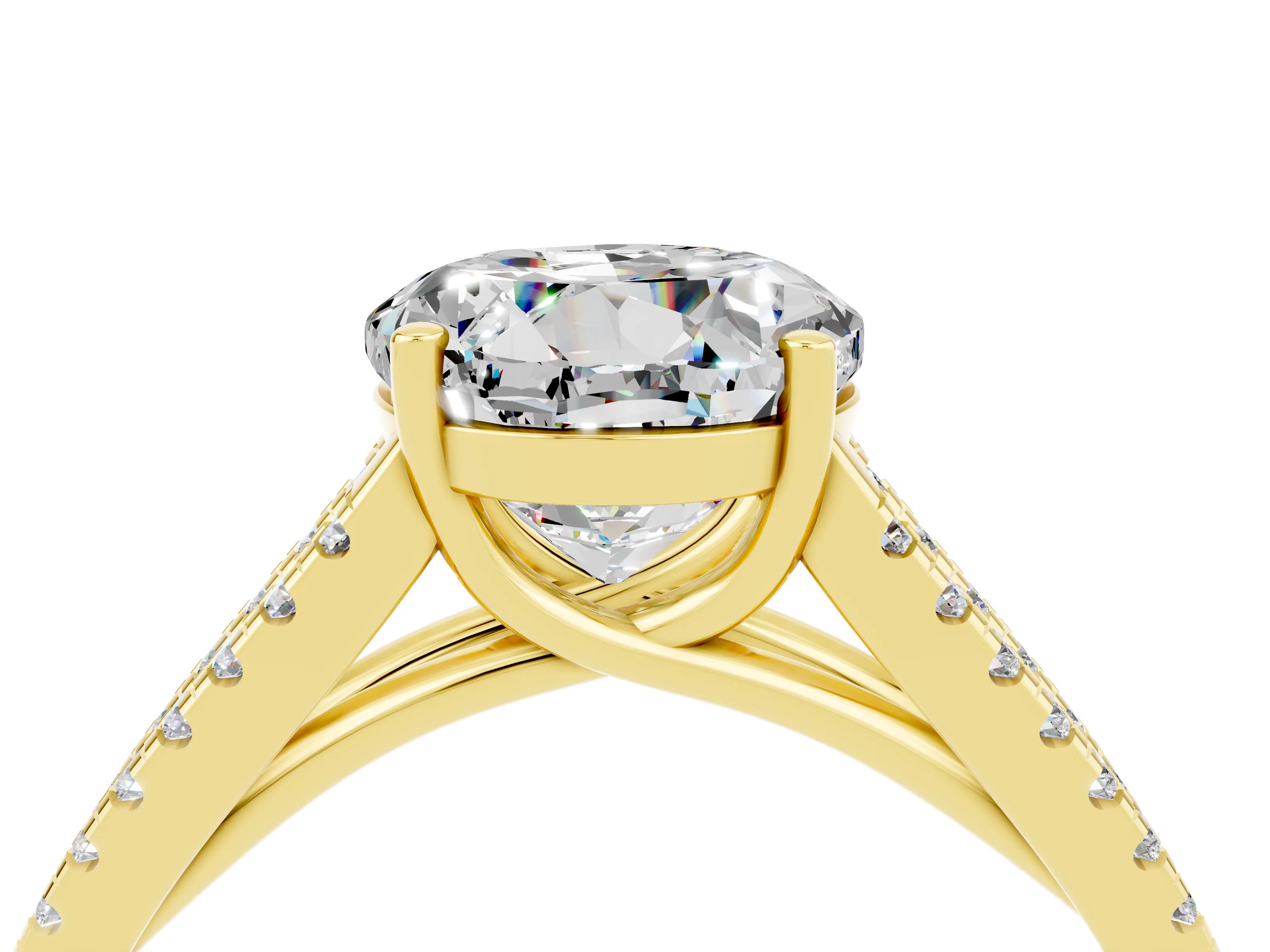 Yellow gold Round Cut Moissanite Solitaire Engagement Ring with Split Shank Pavé Band_4
