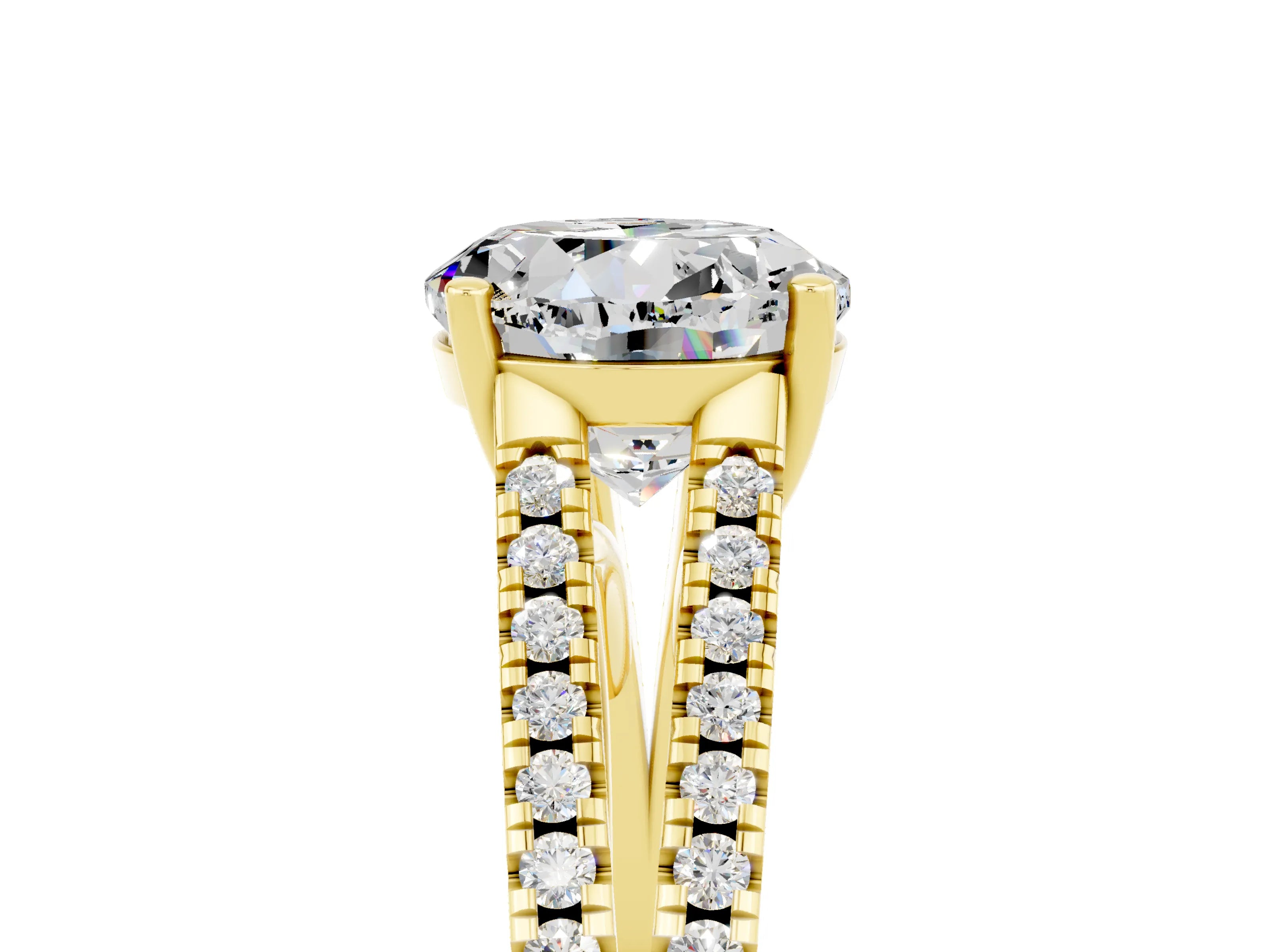 Yellow gold Round Cut Moissanite Solitaire Engagement Ring with Split Shank Pavé Band_5