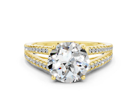 Yellow gold Round Cut Moissanite Solitaire Engagement Ring with Split Shank Pavé Band