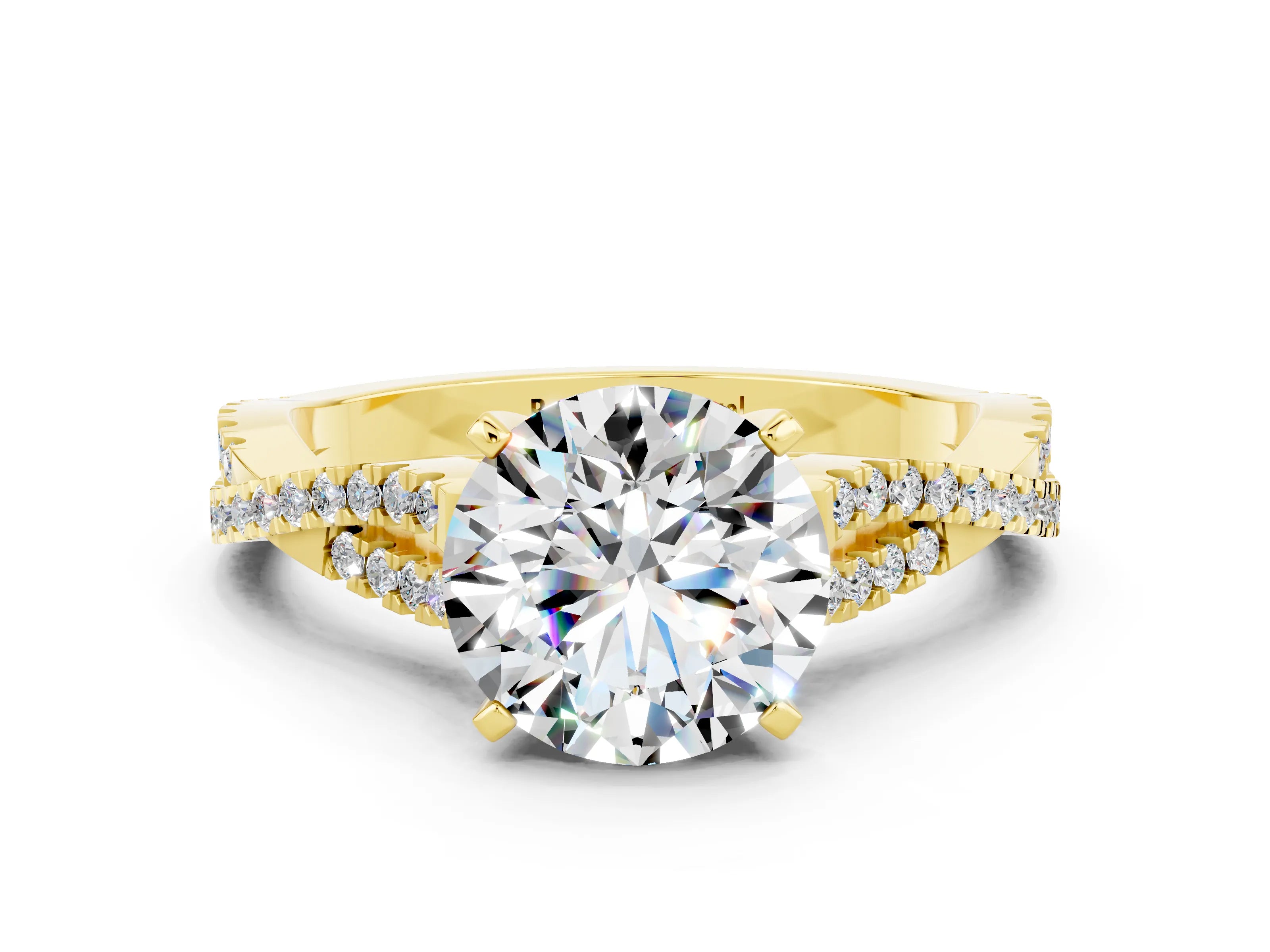 Yellow gold Round Cut Moissanite Solitaire Engagement Ring with Twisted Pavé Band and Four-Prong Setting_12