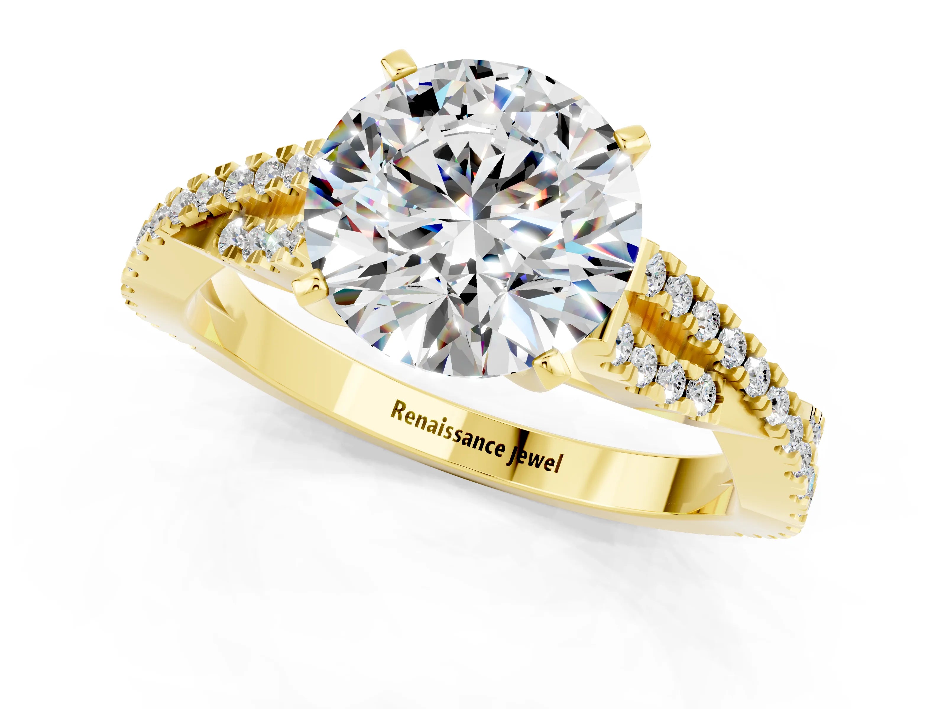 Yellow gold Round Cut Moissanite Solitaire Engagement Ring with Twisted Pavé Band and Four-Prong Setting_13