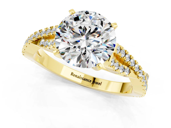 Yellow gold Round Cut Moissanite Solitaire Engagement Ring with Twisted Pavé Band and Four-Prong Setting