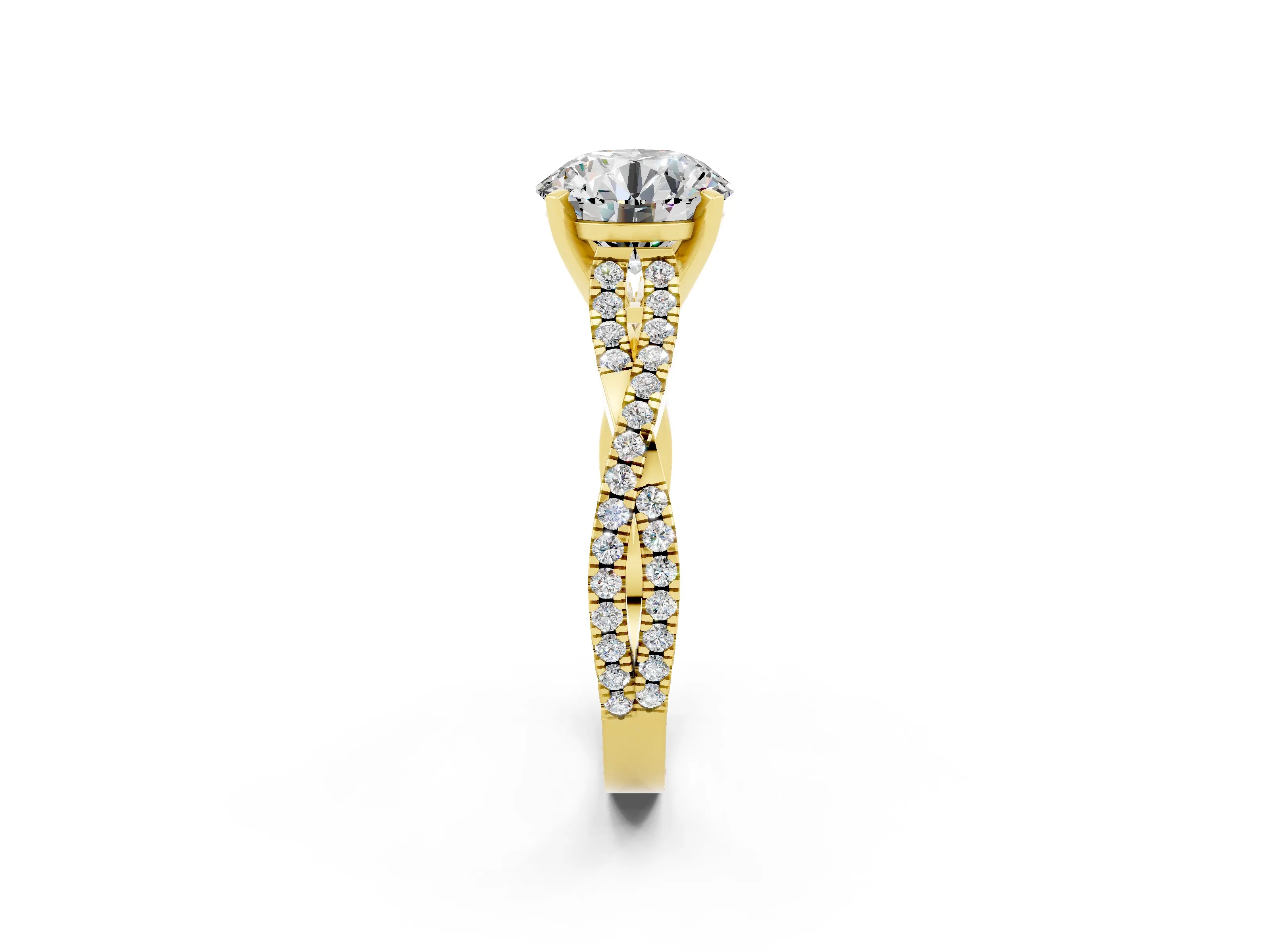 Yellow gold Round Cut Moissanite Solitaire Engagement Ring with Twisted Pavé Band and Four-Prong Setting_14