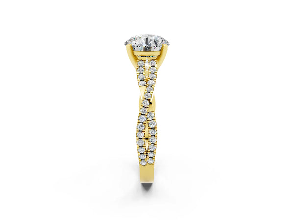 Yellow gold Round Cut Moissanite Solitaire Engagement Ring with Twisted Pavé Band and Four-Prong Setting
