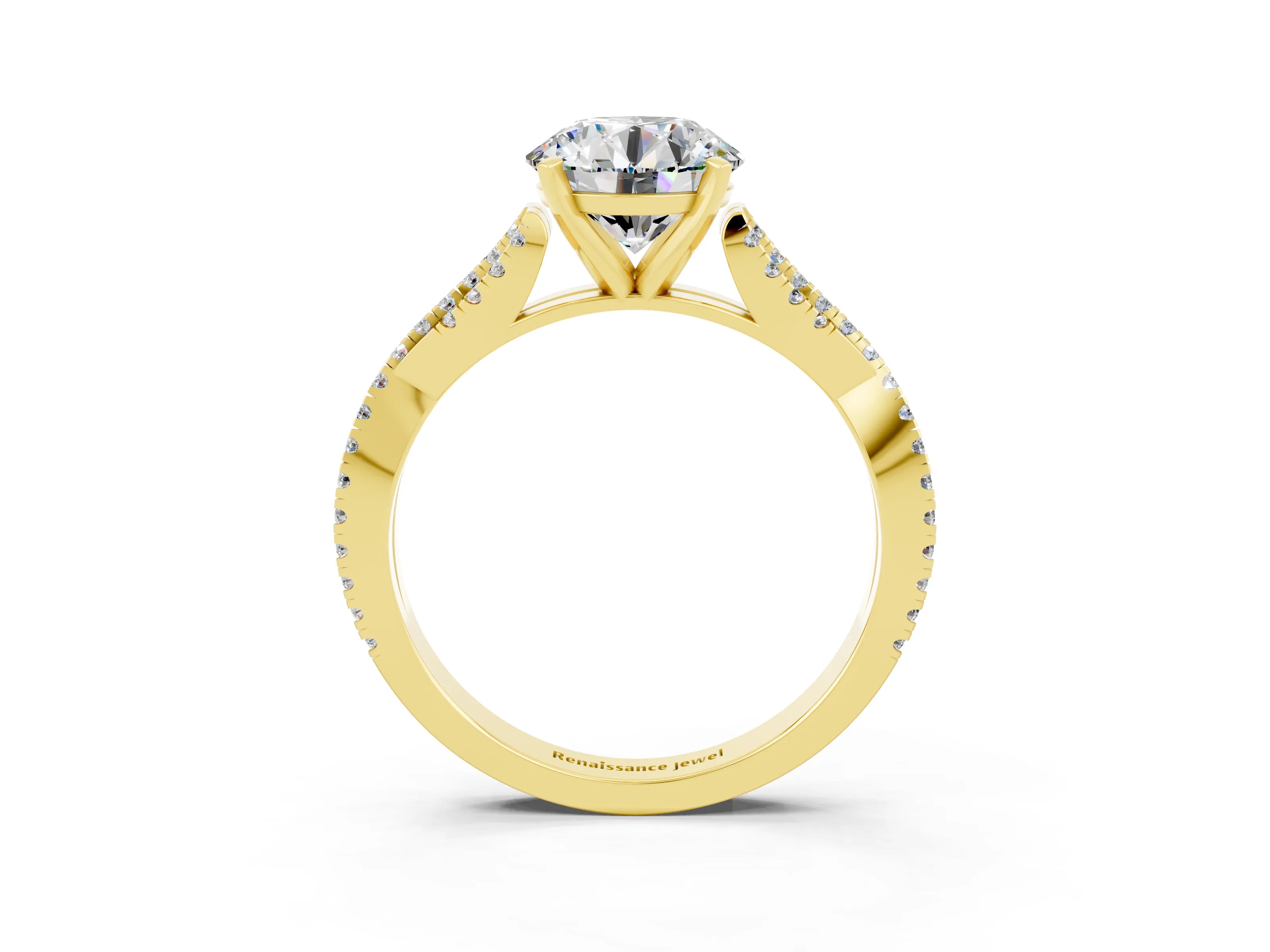 Yellow gold Round Cut Moissanite Solitaire Engagement Ring with Twisted Pavé Band and Four-Prong Setting_15