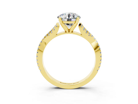 Yellow gold Round Cut Moissanite Solitaire Engagement Ring with Twisted Pavé Band and Four-Prong Setting_15