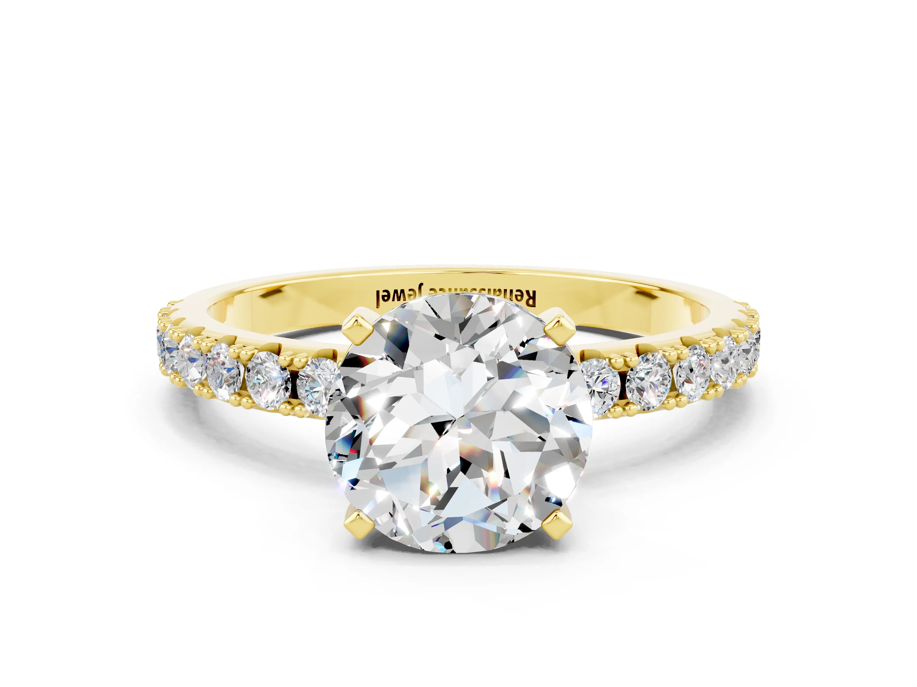 Yellow gold Round Cut Moissanite Solitaire Pavé Band with Four-Prong Setting