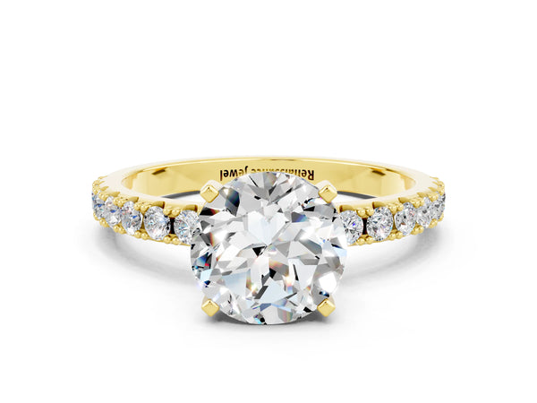 Yellow gold Round Cut Moissanite Solitaire Pavé Band with Four-Prong Setting