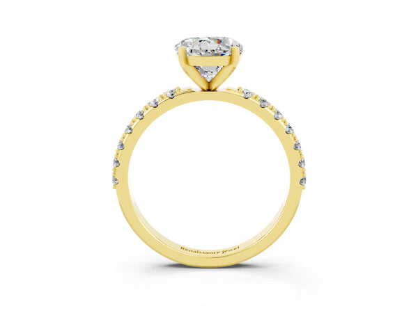 Yellow gold Round Cut Moissanite Solitaire Pavé Band with Four-Prong Setting
