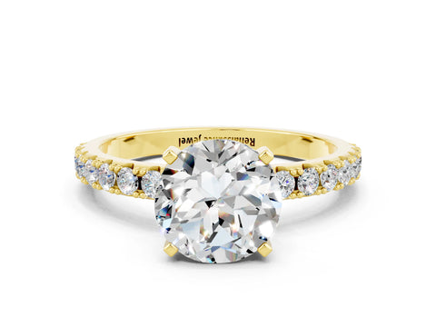 Yellow gold Round Cut Moissanite Solitaire Pavé Band with Four-Prong Setting