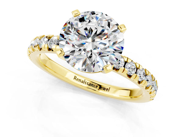 Yellow gold Round Cut Moissanite Solitaire Pavé Engagement Ring with Round Band and Prong Setting