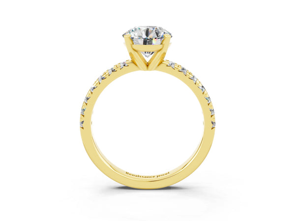 Yellow gold Round Cut Moissanite Solitaire Pavé Engagement Ring with Round Band and Prong Setting