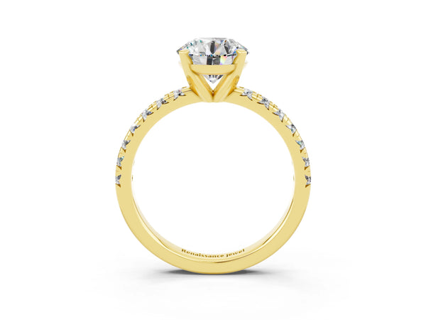 Yellow gold Round Cut Moissanite Solitaire Pavé Engagement Ring with Round Band and Prong Setting