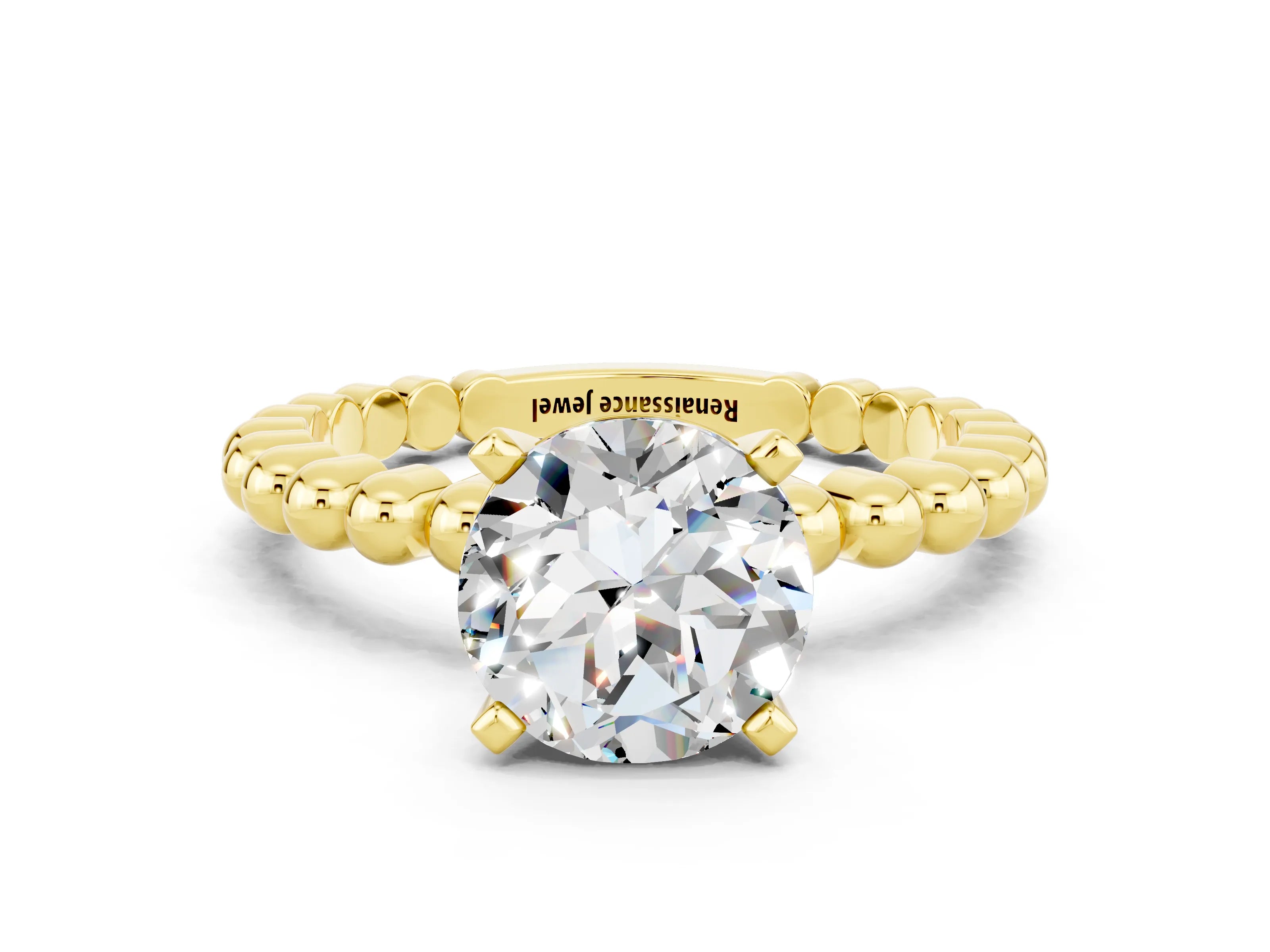 Yellow gold Round Cut Moissanite Solitaire Ring with Beaded Band and Prong Setting