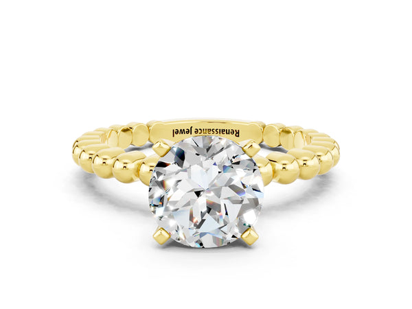 Yellow gold Round Cut Moissanite Solitaire Ring with Beaded Band and Prong Setting