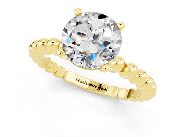 Yellow gold Round Cut Moissanite Solitaire Ring with Beaded Band and Prong Setting