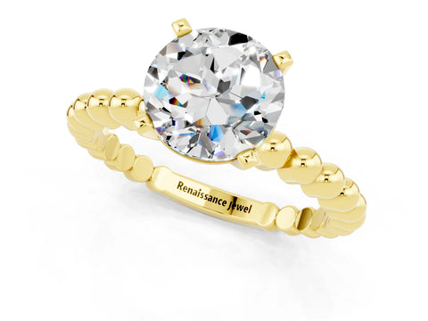Yellow gold Round Cut Moissanite Solitaire Ring with Beaded Band and Prong Setting_1