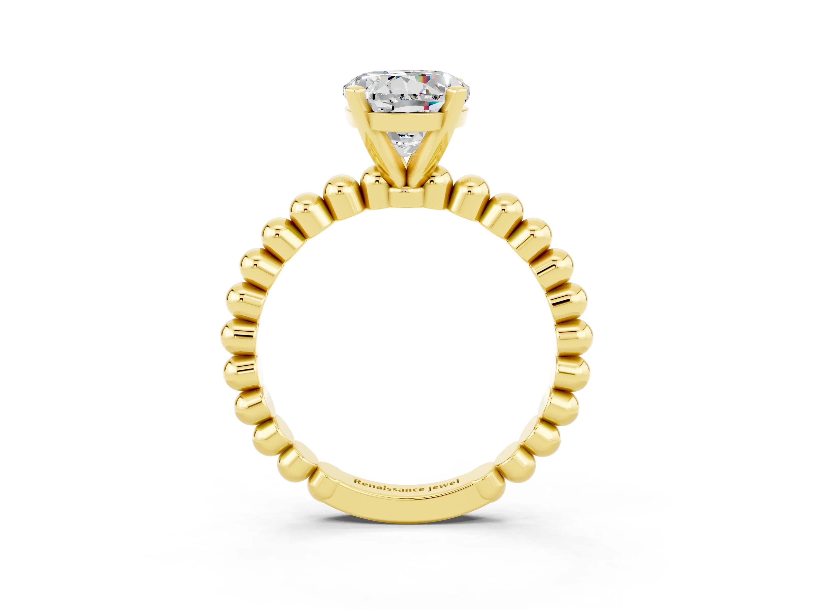 Yellow gold Round Cut Moissanite Solitaire Ring with Beaded Band and Prong Setting_3