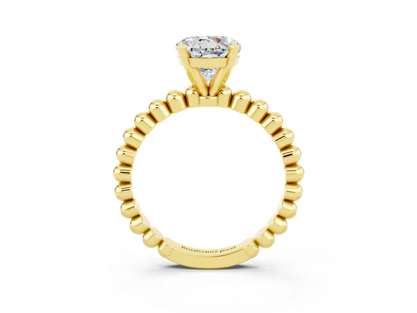 Yellow gold Round Cut Moissanite Solitaire Ring with Beaded Band and Prong Setting