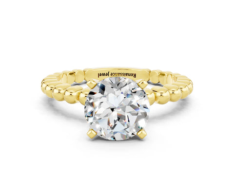 Yellow gold Round Cut Moissanite Solitaire Ring with Beaded Band and Prong Setting