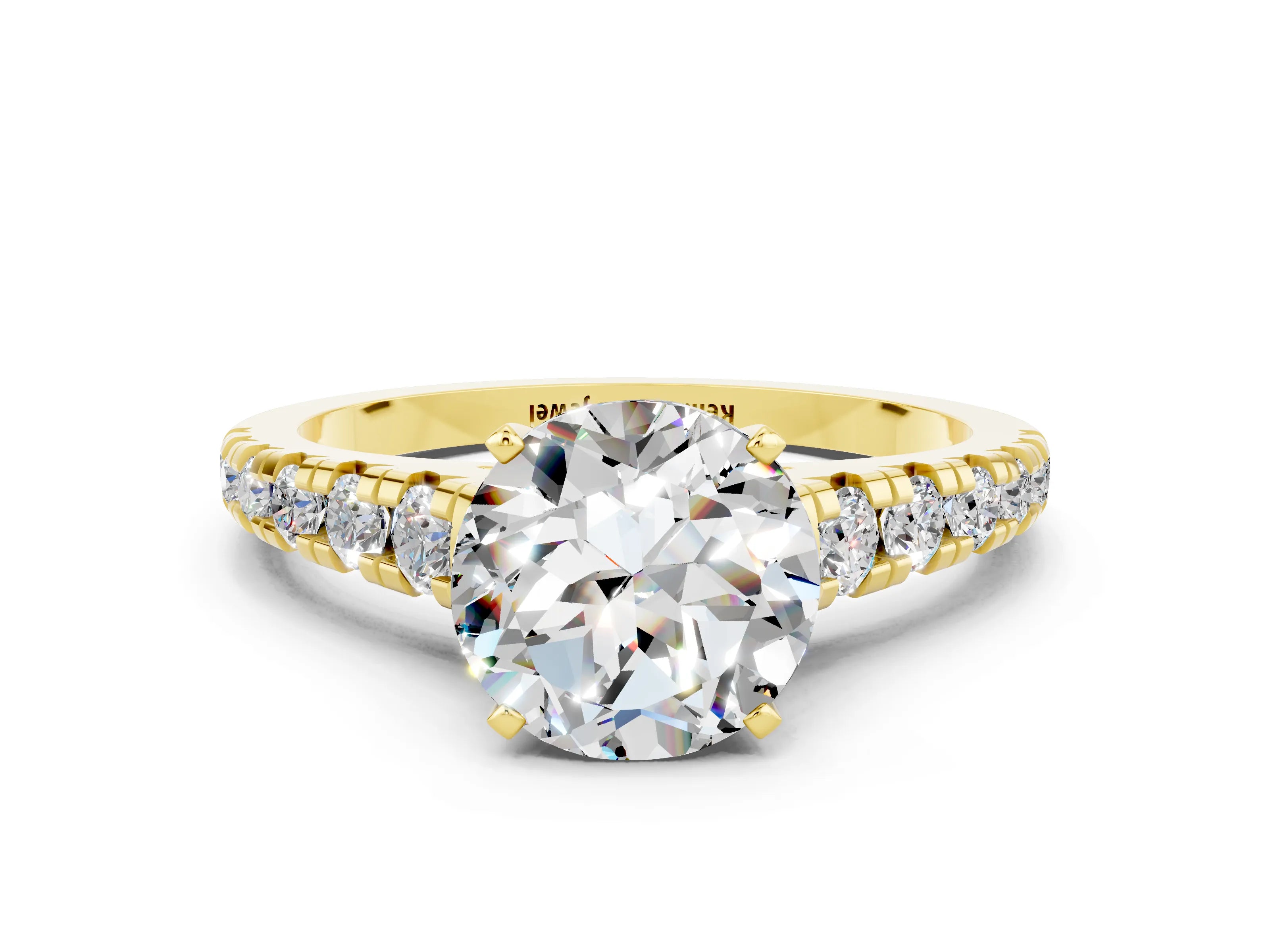 Yellow gold Round Cut Moissanite Solitaire Ring with Cathedral Setting and Pavé Band
