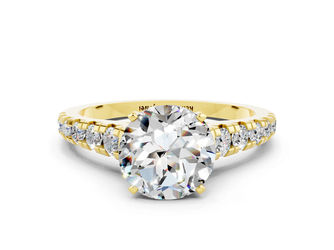 Yellow gold Round Cut Moissanite Solitaire Ring with Cathedral Setting and Pavé Band