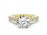 Yellow gold Round Cut Moissanite Solitaire Ring with Cathedral Setting and Pavé Band