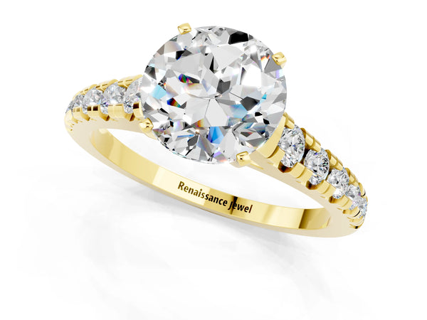 Yellow gold Round Cut Moissanite Cathedral Solitaire Ring with Round  Pavé Band