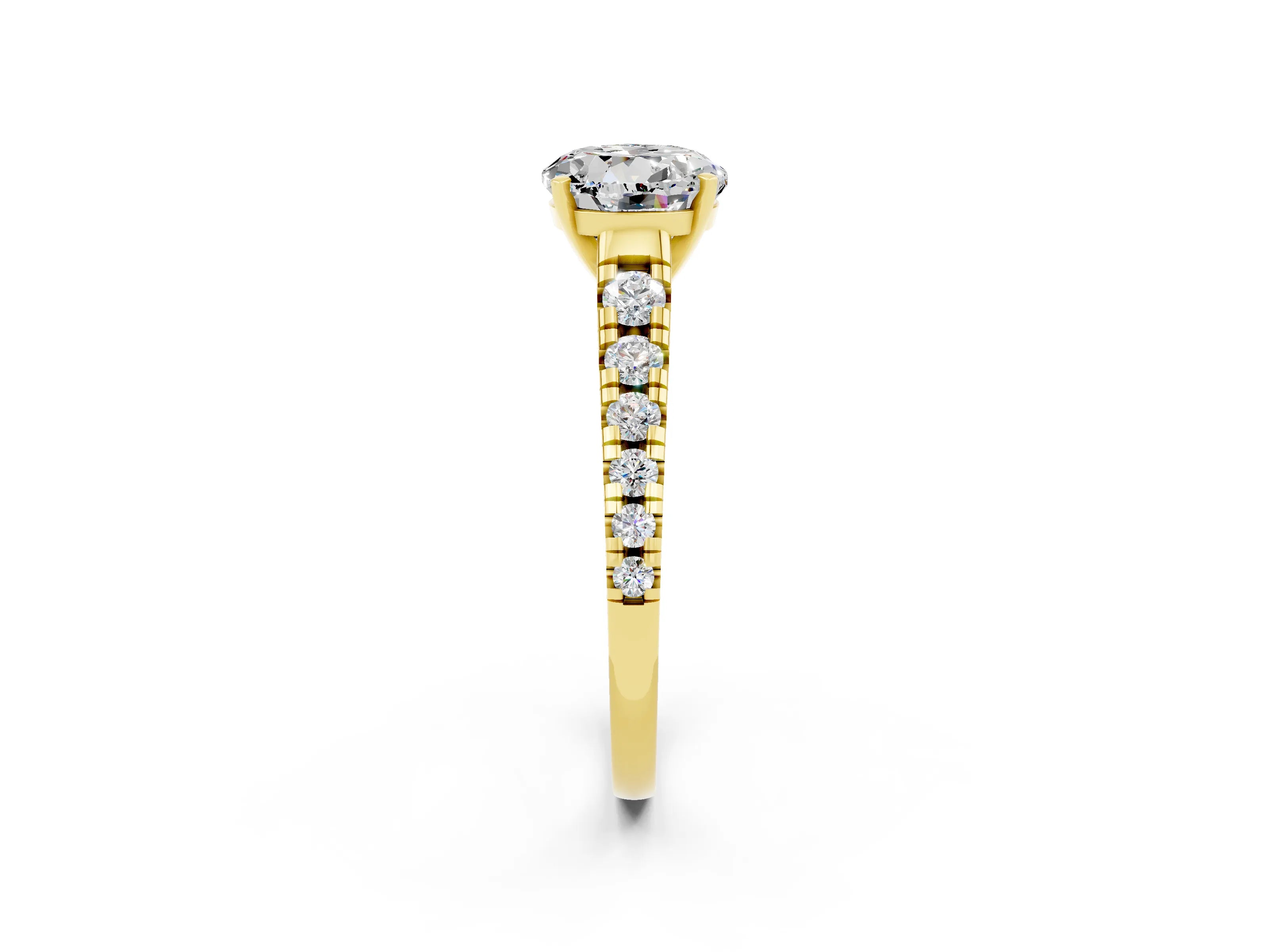 Yellow gold Round Cut Moissanite Solitaire Ring with Cathedral Setting and Pavé Band_2