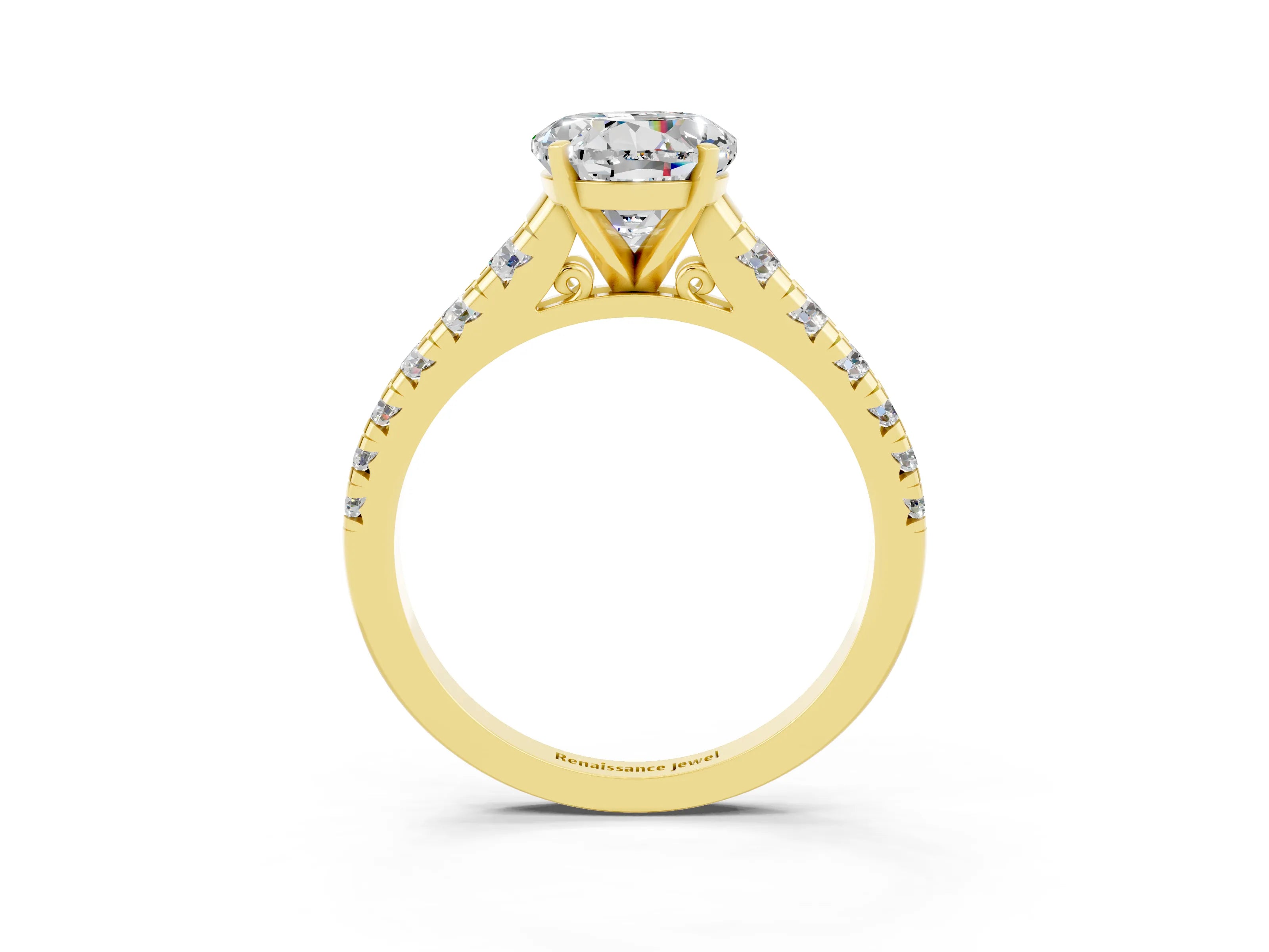 Yellow gold Round Cut Moissanite Solitaire Ring with Cathedral Setting and Pavé Band_3