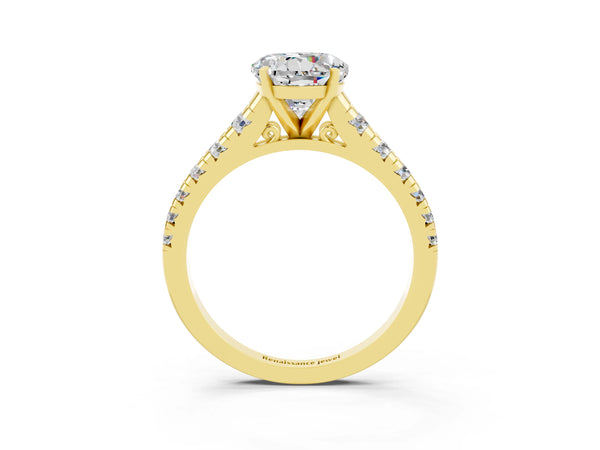 Yellow gold Round Cut Moissanite Cathedral Solitaire Ring with Round  Pavé Band