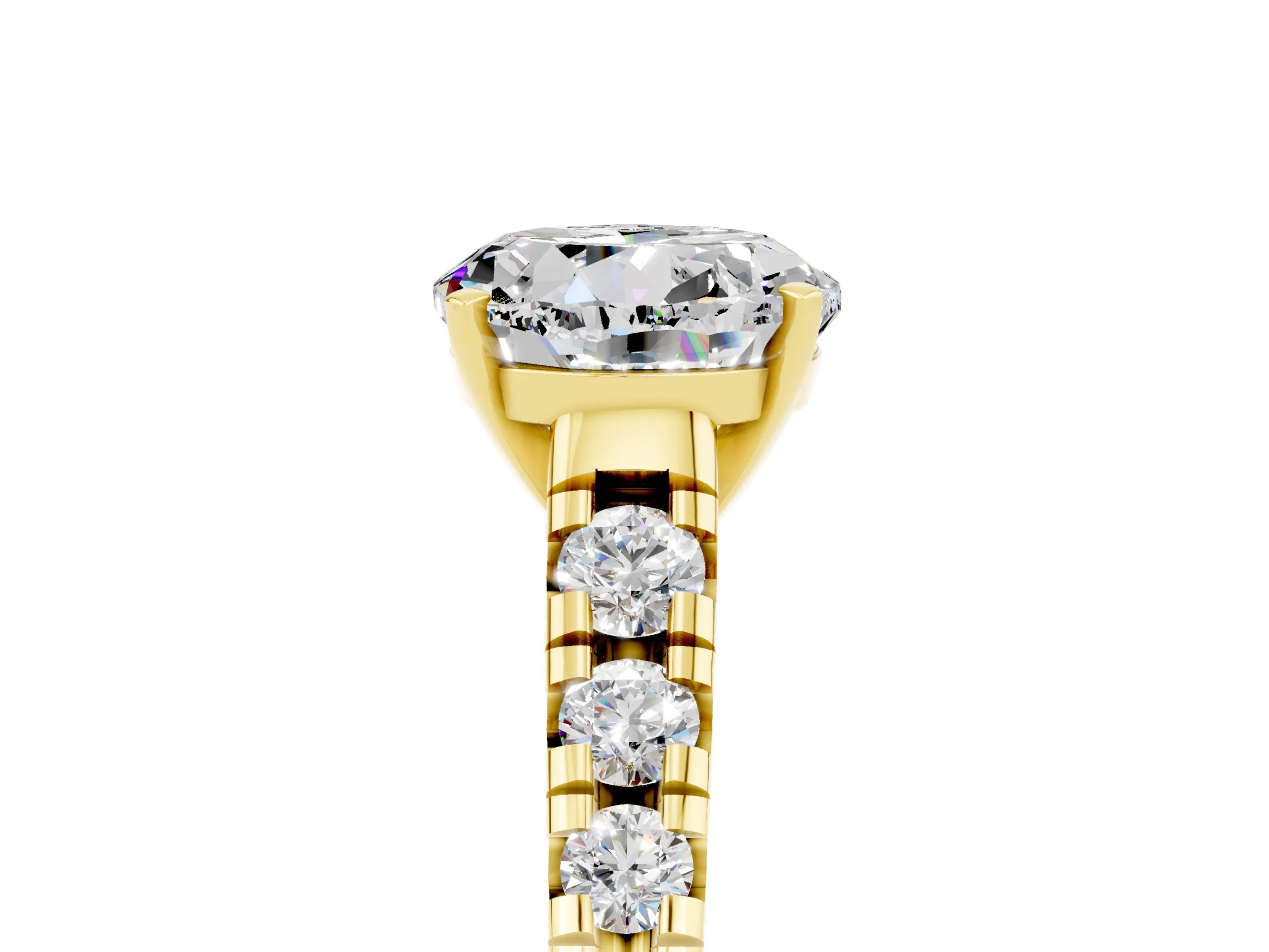 Yellow gold Round Cut Moissanite Solitaire Ring with Cathedral Setting and Pavé Band_5