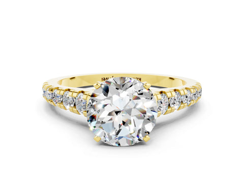 Yellow gold Round Cut Moissanite Solitaire Ring with Cathedral Setting and Pavé Band