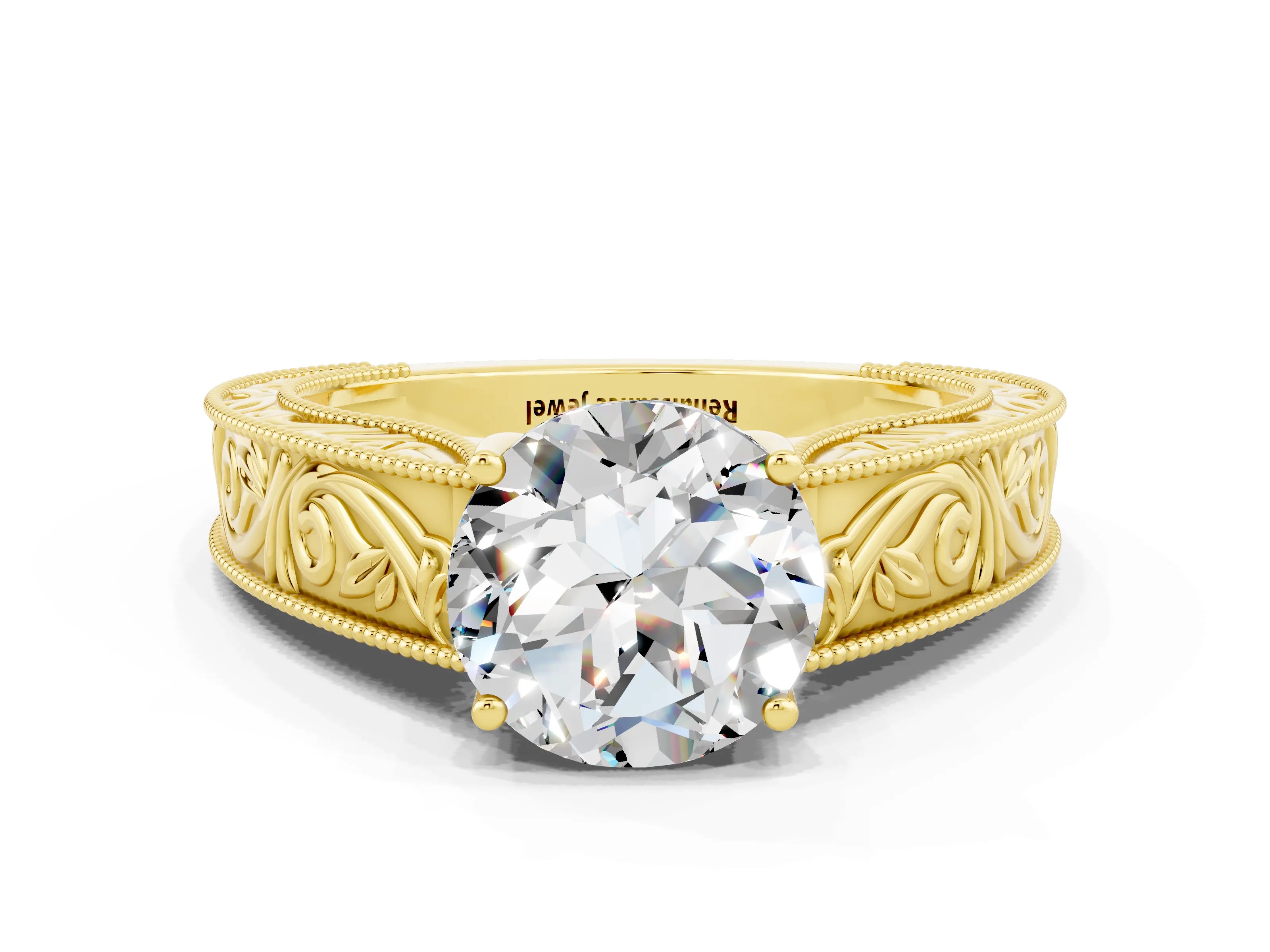Yellow gold Round Cut Moissanite Solitaire Ring with Engraved Band and Four-Prong Setting