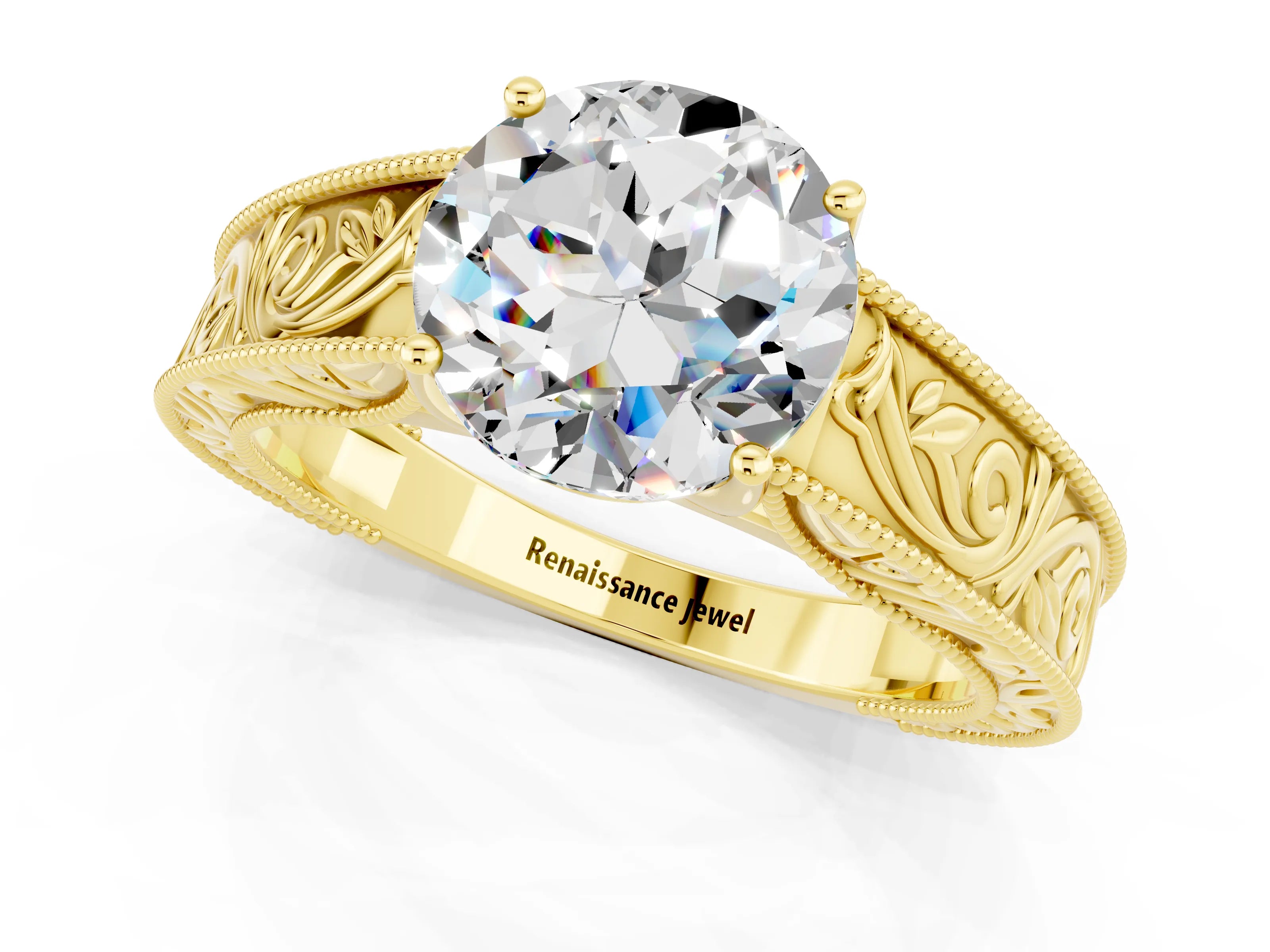 Yellow gold Round Cut Moissanite Solitaire Ring with Engraved Band and Four-Prong Setting_1